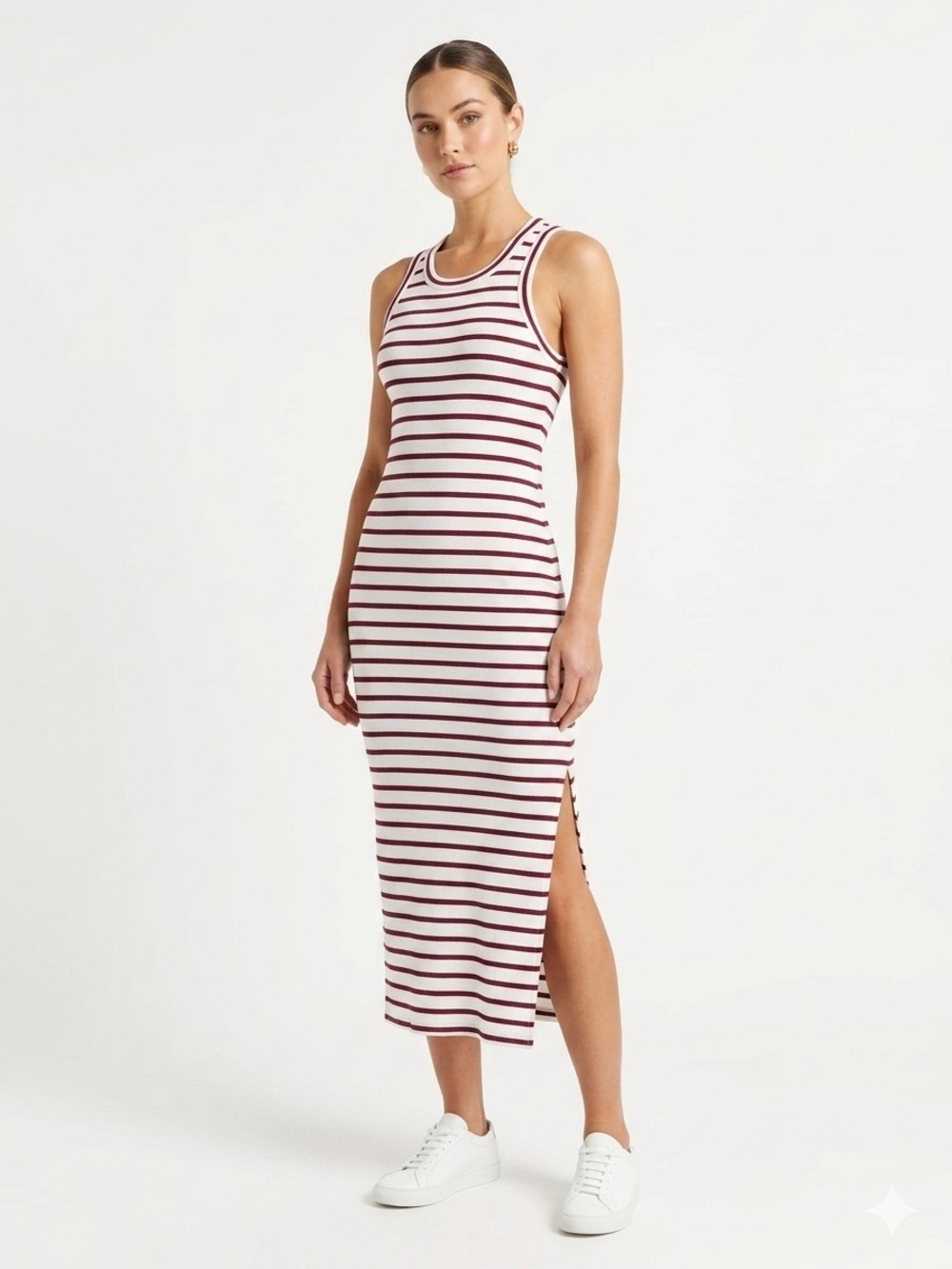 Striped Tank Midi Dress - White & Burgundy